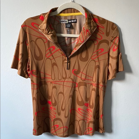 JAMIE Sadock 70’s Funky Brown and Red Patterned Zip Polo Golf Shirt - Picture 1 of 7